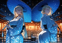 1girl 2girls :p ai_assisted ai_generated black_umbrella blonde_hair blue_eyes blue_kimono breasts cammy_white curvaceous curvy curvy_female curvy_figure earrings female gloves holding holding_umbrella japanese_clothes kimono large_breasts long_hair long_sleeves looking_at_viewer makeup miyuai multiple_girls night okami_(capcom) oriental_umbrella outdoors parasol purple_umbrella rain red_umbrella sash shared_umbrella short_hair stairs standing street_fighter thick thick_ass thick_butt thick_hips thick_legs thick_thighs tongue tongue_out transparent_umbrella umbrella voluptuous voluptuous_female wide_hips wide_sleeves wide_thighs