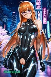 1girl ai_assisted ai_generated armor bare_shoulders black_bodysuit cherry_blossoms city cityscape close_up clouds cowboy_shot crotchless curvy dark_theme detailed_pussy elbow_gloves fishnets gloves high_contrast kagami_hirotaka koukawa_oboro looking_at_viewer neon_lights night night_sky orange_hair outdoors persona_5 purple_eyes sakura_futaba soft_shading street taimanin_asagi_zero taimanin_suit thigh_gap visible_pussy