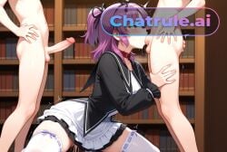 1girl ai_assisted ai_generated brown_eyes cat_ears cock_in_pussy collar collarbone creampie deepthroat group_sex hair_ribbon inside kneeling library medium_hair moaning parted_bangs ponytail purple_hair pussy_sex renne_bright saliva shaking side_view spread_legs white_stockings yellow_eyes