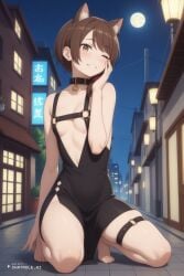 1_girl 1girl adult ai_assisted ai_generated bare_shoulders black_dress blush brown_eyes brown_hair city collar ear_piercing from_behind hand_on_face hand_on_penis head_tilt leaning_back looking_back moon naked night nude on_knees one_eye_closed penis seductive_smile sexually_suggestive side_slit skindentation small_penis source_anime strapless street thigh_strap transgender view_from_behind white_background