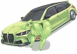 1girls angry_birds anthro anthro_only ass big_ass big_breasts black_lipstick black_panties breasts female_only furry furry_female green_car green_skin highres looking_at_viewer pig pig_(angry_birds) pig_ears pig_tail quattrant sharp_teeth smiling swine thick_thighs vehicle white_background