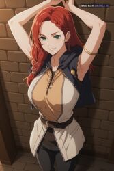 1girl absurd_res ai_assisted ai_generated black_clothing black_leggings black_pants braid devious_grin first_person_perspective green_eyes hands_above_head hard_nipples hera hood_up large_breasts long_hair lustful perfect_ass posing_for_viewer red_hair seductive sleeveless source_anime standing tight_clothing white_socks