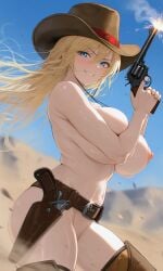 1girls 2d ai_generated belt big_ass big_breasts blonde_hair blue_eyes boots bright_pupils covered_nipples covered_pussy cowboy_hat cowboy_shot cowgirl curvy desert erotic exposed_breasts facing_viewer female_only gun highres holster holstered_weapon hot jumping long_hair looking_at_viewer nipples revolver seductive_look sexy shiny_skin side_view sideboob smile smiling_at_viewer smirk solo thick_thighs western wild_west