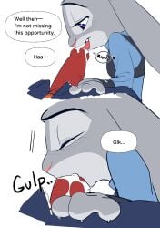 absurd_res animal_genitalia animal_penis anthro anthro_on_anthro butterfish8199 canid canine canine_genitalia canine_penis clothed clothing comic dialogue disney duo english_text erection faceless_character faceless_male fellatio female fox fur genitals grey_body grey_fur heart_symbol hi_res interspecies judy_hopps lagomorph leporid male mammal nick_wilde oral oral_penetration penetration penile penis penis_in_mouth police police_uniform predator/prey purple_eyes rabbit sex speech_bubble teeth text tongue topwear uniform zootopia