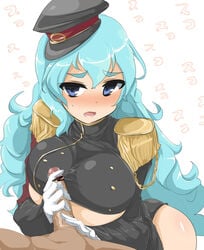 1boy 1girls blue_eyes blue_hair blush breast_press breasts cap censored clothing dark-skinned_male dark_skin epaulettes female gloved_handjob gloves handjob hat highres imagawa_yoshimoto_(sengoku_collection) interracial large_breasts light-skinned_female light_skin long_hair looking_at_viewer military_cap military_hat military_uniform momio nose_blush open_mouth penis sengoku_collection sweatdrop white_gloves