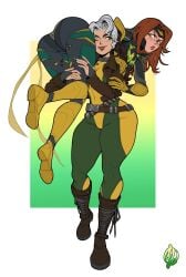2girls anna_marie annoyed arista_leal artist_signature artista_leal ass_focus belt blush boots brown_hair carrying freckles grayscale jean_grey large_ass long_hair marvel marvel_rivals multicolored_hair mutant_(marvel) phoenix_(marvel_rivals) phoenix_(x-men) red_hair rogue_(marvel_rivals) rogue_(x-men) sash simple_background smile sweatdrop thick_thighs white_hair wholesome wide_hips x-men yuri