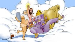 bed breasts buddha christianity clouds deity elephant fisting foursome ganesha handjob herm high_five hindu intersex interspecies jesus_christ jewelry male moses penis piercing public_domain religion trunk