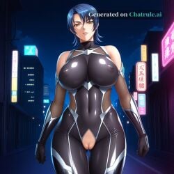1girl ai_assisted ai_generated anime_coloring armor bare_shoulders black_bodysuit blue_hair city cityscape clouds cowboy_shot crotchless curvy dark_theme detailed_pussy elbow_gloves fishnets gloves high_contrast kagami_hirotaka koukawa_oboro lips looking_at_viewer miyagishi_yuuki neon_lights night night_sky outdoors short_hair soft_shading taimanin_asagi_zero taimanin_suit thigh_gap visible_pussy yellow_eyes