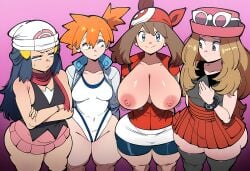 4girls aged_up ai_generated ass big_ass breast_envy breasts bubble_ass bubble_butt dawn_(pokemon) female female_only huge_breasts human jealous kasumi_(pokemon) large_ass light-skinned_female may_(pokemon) mullon multiple_females multiple_girls novelai pokemon pokemon_dppt pokemon_rse pokemon_xy serena_(pokemon) take_your_pick top_heavy