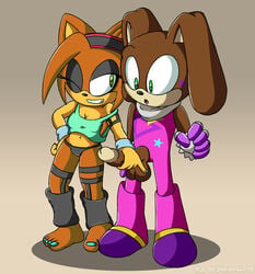 balls brown_fur bunny_ears clothing custom_character_(sonic_forces) fan_character female green_eyes handjob headband hedgehog hedgehoglove klara_the_hedgehog lagomorph leg_warmers legs legwear makeup male mammal masturbation one_eye_closed open_mouth original_character penis penis_grab rabbit shirt shorts sonic_(series) sonic_forces straight teeth thick_penis wink yoga_pants