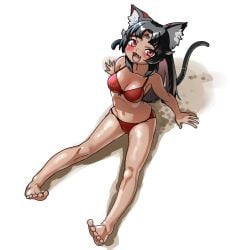 :3 :d barefoot beach bikini dutch_angle fang feet from_above full_body happy large_breasts looking_at_viewer nekomiya_mana open_mouth red_bikini smile thighs toes zenless_zone_zero