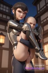 1girl ai_assisted ai_generated anal anal_penetration big_dick brown_eyes carrying karai leg_lock makeup pawg standing tmnt_2012