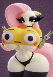 1girl 1girls 3d ai_generated big_breasts blue_eyes breasts_bigger_than_head choker double_v eyelashes eyeshadow flushed_emoji_shirt fluttergoth fluttershy_(mlp) half-closed_eyes huge_breasts my_little_pony peace_sign pink_hair solo underboob wide_hips