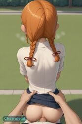 1girl ai_assisted ai_generated bare_legs depth_of_field dick_in_ass earrings from_behind green_eyes hair_ornament heavy_breathing jewelry long_hair messy_hair necklace orange_hair outdoors portrait red_ribbon shirt_pulled_down skirt skirt_lifted sweaty twin_braids warm_lighting white_collared_shirt white_socks white_top