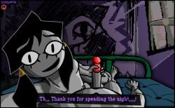 1boy 1boy1girl 1girls bedroom black_hair candle eyelashes flat_chest graffiti graffiti_on_wall hair_tie handjob haunted_house hidden_eyes looking_at_viewer mesmalie mesmer_(mesmalie) no_breasts nude pinky_out point_of_view ponytail pov sensual sleepover small_breasts smile stitches suziefemlin tagme wallpaper
