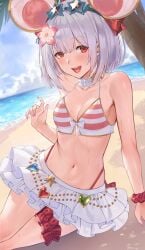 1girl :d animal_ears bare_arms bare_shoulders beach bikini bikini_skirt blue_sky blush bow breasts bridal_garter brooch choker cleavage clothing collarbone day deras eyewear_on_head fake_animal_ears female flower frilled_choker frills gem granblue_fantasy green_gemstone hair_flower hair_ornament halterneck heart_brooch highleg highleg_bikini jewelry looking_at_viewer medium_hair miniskirt mouse_ears nail_polish navel ocean open_mouth outdoors palm_tree pink_nails red_eyes red_gemstone red_scrunchie scrunchie shore short_hair sitting skirt sky small_breasts smile solo star-shaped_eyewear stomach striped_bikini striped_clothes sunglasses swimsuit thigh_strap tree twitter_username vikala_(granblue_fantasy) water wet white_hair white_skirt wrist_scrunchie