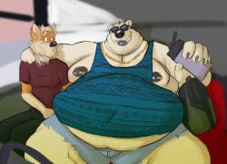 anthro arm_around_shoulders barbell_piercing bear belly belly_peek beverage big_belly big_moobs blush bottomwear canid canine canis clothed clothing denim denim_bottomwear denim_clothing denim_shorts domestic_dog duo eyewear fangs fully_clothed holding_beverage holding_object jewelry larger_male leg_markings looking_at_another male male/male mammal markings moobs navel_outline necklace nipple_piercing nipples obese open_mouth overweight overweight_male piercing polar_bear shirt shorts sitting size_difference skimpy skinny_male smaller_male smile socks_(marking) sunglasses t-shirt tank_top tcw teeth thick_thighs tongue tongue_out topwear ursine weight_difference