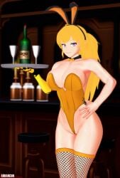 1girls arrancon blonde_female blonde_hair bunny_ears bunny_girl bunnysuit cleavage clothed_female long_hair long_hair_female ponytail purple_eyes rwby solo_female yang_xiao_long