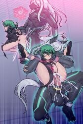 1boy animal_penis annoyed anthro big_breasts bulge female flying_sweatdrops heroine horse horsecock looking_at_penis one-punch_man pubic_hair rape raped_by_enemy scuttlefish small_breasts tatsumaki thick_thighs thighs