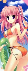 bikini breasts hair_ribbon high_resolution large_breasts long_hair mitha nanagane_educational_institution pink_hair purple_eyes ribbon sakuranomiya_arisa side-tie_bikini sideboob swimsuit tied_hair twintails