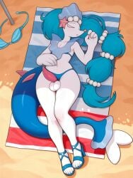 ai_generated animal_genitalia animal_penis anthro beach beach_towel clothing clothing_aside eyes_closed femboy footwear generation_7_pokemon genitals high_heels lying male nintendo on_back panties panties_aside penis pokemon_(species) primarina seaside sleeping solo tapering_penis towel underwear underwear_aside