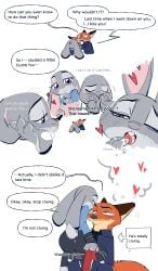 absurd_res anthro anthro_on_anthro bodily_fluids brown_body brown_fur butt butterfish8199 canid canine clothed clothing comic cross-popping_vein dialogue disney duo english_text erection eyelashes female fox fur genitals grey_body grey_fur heart_symbol hi_res interspecies judy_hopps lagomorph leporid long_ears male mammal multicolored_body multicolored_fur nick_wilde open_mouth orange_body orange_fur penis penis_grab police police_uniform predator/prey purple_eyes rabbit scut_tail short_tail speech_bubble tail tan_body tan_fur teeth text topwear uniform unprofessional_behavior zootopia