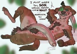 anthro areola balls big_balls big_penis blue_sky_studios bodily_fluids buck_(ice_age) dialogue english_text erection eye_patch eyewear foreskin genital_fluids genitals hi_res holding_knife holding_object holding_weapon huge_balls huge_penis ice_age_(series) imminent_incest knife licking licking_lips licking_own_lips long_penis male mammal mustelid musteline nipples nude penis rileyavocado seductive sharp_teeth solo solo_male stated_incest sweat teasing teeth text thick_thighs tongue tongue_out true_musteline weapon weasel