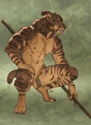 2026 5_toes abs abstract_background absurd_res ama_dench_art anthro areola arm_markings arm_tuft backlighting balls bent_arm bent_legs biped broad_shoulders brown_body brown_ears brown_eyes brown_fur brown_hair brown_markings brown_nose brown_pawpads brown_stripes brown_tail brown_tail_tip brown_tuft casual_nudity claws countershade_arms countershade_balls countershade_crotch countershade_face countershade_fur countershade_genitalia countershade_hands countershade_legs countershade_neck countershade_snout countershade_thighs countershade_torso countershading crouching digital_media_(artwork) dipstick_tail elbow_tuft eyebrow_whiskers fangs feet felid finger_claws fingerpads fingers flaccid front_view full-length_portrait fur fur_markings genitals green_background grey_areola grey_claws grey_nipples grey_penis hair hair_bun hand_on_leg hand_on_own_leg hand_on_own_thigh hand_on_thigh hi_res holding_object holding_staff humanoid_feet humanoid_genitalia humanoid_hands humanoid_penis inner_ear_fluff iris leg_markings light lighting looking_aside male male_anthro mammal markings monotone_hair mouth_closed multicolored_body multicolored_fur muscular muscular_anthro muscular_male navel neck_tuft nipples nude nude_anthro nude_male pawpads pecs penis pinup plantigrade plantigrade_pawpads portrait pose prehistoric_species pupils raised_heel saber-toothed_tiger sabertooth_(anatomy) short_hair short_tail shoulder_markings signature simple_background smilodon snout solo staff straight_arm striped_body striped_fur striped_markings stripes tail tail_markings tan_balls tan_body tan_countershading tan_feet tan_fur tan_hands tan_inner_ear_fluff tan_markings tan_sclera tan_tuft teeth textured_background thigh_markings toe_claws toes tuft whisker_spots whiskers white_whiskers
