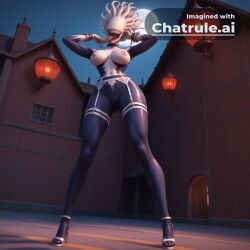 1girl 3d_render 4k ai_assisted ai_generated big_breasts black_body black_cat blue_sky choker cute_face detailed_background eyeless featureless_crotch full_body_view ganassa garter_belt hair_bangs hands_behind_head highly_detailed highres long_tongue looking_at_viewer low_angle_view lunafreya_nox_fleuret midnight monster_girl moon open_mouth photorealistic realistic sharp_teeth smile solo symbiote tentacle_hair thick_thighs tied_hair tongue_out topless two_tone_body uncensored white_body white_cuffs white_face