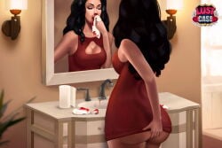 1girls ass_grab black_hair blood breasts eyes_closed female female_only game_cg hooligapps large_breasts lustcase makeup nose_bleed red_dress short_dress sink skinny skinny_female v2.lustcase wet_pussy