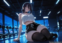 1girl ai_assisted ai_generated bangs bare_shoulders black_choker black_hair black_legwear black_shorts blush breasts chainsaw_man choker crop_top crop_top_overhang curvaceous curvy curvy_female curvy_figure female green_eyes hair_between_eyes large_breasts looking_at_viewer medium_hair midriff miyuai night reze_(chainsaw_man) shirt short_shorts shorts sitting smile solo thick thick_ass thick_butt thick_hips thick_legs thick_thighs thighhighs thighs voluptuous voluptuous_female wide_hips wide_thighs