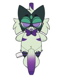 alpha_channel anthro balls big_balls big_penis bleh blue_in_den bow_tie doll dollification eyewear generation_9_pokemon genitals glasses huge_penis keychain male meowscarada nintendo penis pokemon pokemon_(species) purple_penis round_glasses smug smug_face solo stefan_(stefan_bestus) tongue tongue_out