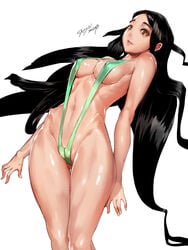 areolae bikini black_hair breasts brown_eyes female female_only front_view green_bikini highres human large_breasts long_hair navel nipple_bulge nipples original perky_breasts saejin_oh shiny_skin signature simple_background skimpy sling_bikini solo thigh_gap very_long_hair white_background