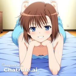 1girl ai_assisted ai_generated anime_screencap anklet bare_shoulders barefeet bedroom blue_eyes cleavage curvy_body dark_brown_hair detailed_feet eyes_half_closed feet_up grin heels looking_at_viewer narrow_waist petite prone_position round_ass shiori short_hair small_breasts soft_breasts solo the_pose tired wide_hips
