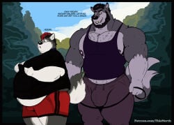 ahir anthro barbell_piercing beard belly belly_peek big_belly big_bulge big_muscles big_pecs body_hair bottomwear bulge canid canine canis chest_hair clothed clothing collar detailed_bulge dialogue dominant dominant_male duo electronics english_text facial_hair feederism fluffy fluffy_tail fully_clothed hair happy_trail holding_leash holding_object holding_phone huge_bulge insult larger_dom larger_male leash leg_markings looking_at_another looking_at_object looking_at_phone male male/male mammal markings multicolored_hair muscular muscular_arms muscular_male nipple_piercing nipples open_mouth outside overweight overweight_male pants pecs phone piercing plant pointy_ears shirt shorts size_difference small_bulge smaller_male smile socks_(marking) submissive submissive_male sweatpants t-shirt tail tank_top tcw teeth text topwear tree two_tone_hair url walking weight_difference wolf