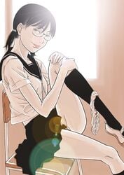 black_hair blush chair clothing female glasses gusu head_tilt leg_hug leg_up lens_flare looking_at_viewer original panties panties_around_leg pubic_hair pussy pussy_juice school_uniform serafuku short_hair short_twintails sitting skirt solo teasing tied_hair tongue tongue_out twintails