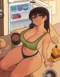 1boy 1girls absurd_res black_hair breasts cleavage curvaceous curvy curvy_figure female female_focus green_eyes hi_res hyyun large_breasts looking_at_viewer male original original_character sitting thick_thighs thighs wide_hips