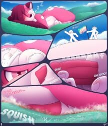absurd_res animal_genitalia animal_humanoid animal_penis anthro aroused balls belaro belly big_butt blush bodily_fluids butt canid canine cloud comic crush curvy_figure detailed_background dialogue digital_media_(artwork) english_text erection extreme_size_difference fluffy fox fur genital_fluids genitals group hair hi_res huge_butt human humanoid knot knotted_penis landscape lying macro male mammal micro mountain nude oblivious on_front on_side outside penis pink_body pink_eyes precum size_difference sky sleeping smothering squish sweat tail text thick_thighs tillythefox wakingup wide_hips