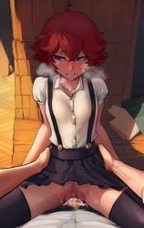 1boy 1boy1girl 1girls ai_generated blouse blue_eyes blush clothed_sex cum cum_between_thighs cum_in_pussy cum_inside embarrassed female_pubic_hair flustered hands_on_hips looking_down no_panties on_table pov pubic_hair puffy_vulva red_hair sex short_hair skirt small_breasts stealth_sex steam suspenders sweat vaginal_penetration