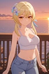 ai_generated blonde_female blonde_hair casual_clothes clothed genshin_impact hoyoverse jeans lumine_(genshin_impact) mihoyo smiling streetwear tank_top