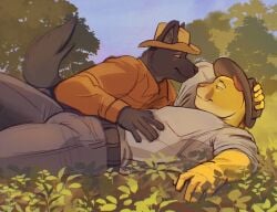 affectionate anthro barazoku bedroom_eyes belt biceps big_bulge big_muscles big_pecs black_belt black_body black_bottomwear black_clothing black_fur black_jeans black_pants blue_sky bottomwear brown_clothing brown_hat brown_headwear bulge chest_grab clothing cougar cowboy cowboy_hat cowboy_outfit denim denim_bottomwear denim_clothing detailed_bulge duo erection erection_under_clothing erection_under_pants eye_contact felid feline field flirting flirting_look forest forest_background fur genital_outline gol1ath grass grin grinning_at_another grinning_at_partner hand_on_chest hand_on_own_head happy hat head_rub headgear headwear holding_chest holding_head hyena imminent_sex jeans larger_anthro larger_male looking_at_another looking_at_partner love lying lying_on_ground male male/male mammal manly muscular muscular_anthro muscular_arms muscular_male muscular_thighs narrowed_eyes nature nature_background old_west on_back on_ground orange_body orange_clothing orange_fur orange_shirt orange_topwear outside pants pecs penis_outline plant relaxation relaxed_expression relaxing rubbing_head seductive shirt size_difference sky smaller_anthro smaller_male smile tail thick_arms thick_thighs topwear tough_guy tree white_clothing white_shirt white_topwear wild_west