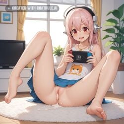 1girl ai_assisted ai_generated blush carpet legs_spread looking_down nintendo_switch nitroplus nude open_mouth perfect_pussy picture_frame pink_hair playing_games pleated_skirt potted_plant red_eyes serious sitting smile solo_girl source_anime super_sonico television window window_blinds young_girl