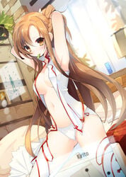 1girls aincrad armpits arms_up bare_shoulders bed breasts brown_eyes brown_hair character_name curtains hair_ornament holographic_interface knights_of_the_blood leaf long_hair looking_at_viewer mouth_hold open_clothes outstretched_arms panties pillow room sgm solo sword_art_online thighhighs tying_hair underwear white_legwear white_panties yuuki_asuna