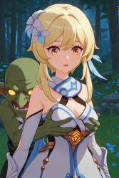 ai_generated blonde_female blonde_hair breast_grab clothed forest genshin_impact goblin goblin_male groping groping_breasts groping_from_behind hoyoverse lumine_(genshin_impact) mihoyo monster without_consent