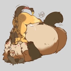1:1 anthro areola belly belly_squish big_belly blush bodily_fluids breast_grab breasts breath brown_body brown_fur canid cum cum_on_belly cum_on_body cum_on_navel duo eyes_closed felid feline female fur genital_fluids gynomorph gynomorph/female hand_holding hand_on_breast heart_symbol hi_res huge_belly intersex intersex/female mammal milkboners navel_fetish neck_tuft nipples obese obese_anthro obese_female on_top_of_belly overweight overweight_anthro overweight_female simple_background squish tongue tongue_out trans_(lore) trans_woman_(lore) tuft weight_difference yellow_body yellow_fur
