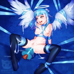 after_sex ahe_gao anal_plug angel blue_hair bondage bound_arms bound_thighs bound_wings cum_everywhere cum_in_hair cum_in_mouth cum_in_pussy cum_on_breast cum_on_facce cum_on_leg cum_on_stomach cum_on_tongue cum_on_wings huge_insertion ninjakitty stockings tied_up