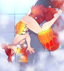 1boy 1girls 69 blowjob blowjob_face cum cum_in_mouth green_eyes katarina_du_couteau league_of_legends lewdvelli oral oral_sex red_hair riot_games shower shower_sex showering standing standing_69 standing_sex