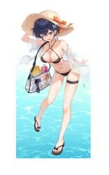 1girl absurdres alternate_costume bag belle_(zenless_zone_zero) bikini black_bikini black_sandals blue_hair blush breasts collarbone commentary earrings english_commentary hand_up hat highres jewelry kimae large_breasts mole mole_on_breast navel o-ring o-ring_bikini one_eye_closed pillarboxed sandals short_hair solo stomach straw_hat sunglasses swimsuit swimsuit_cover-up thigh_strap transparent_bag zenless_zone_zero