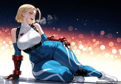 1girl ai_assisted ai_generated arm_support artist_name bare_shoulders blonde_hair blue_eyes blush bodysuit breasts cammy_white covered_navel curvaceous curvy curvy_female curvy_figure elbow_gloves female fingerless_gloves gloves large_breasts lying miyuai okami_(capcom) open_mouth short_hair sitting skin_tight sky sleeveless smile solo star_(sky) street_fighter teeth thick thick_ass thick_butt thick_hips thick_legs thick_thighs voluptuous voluptuous_female wide_hips wide_thighs