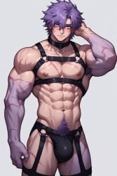 ai_generated bulge gay hairy_armpits harness jockstrap muscular purple_hair scars thong